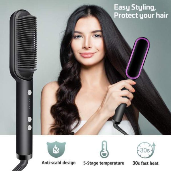 Professional Hair Straightener Brush – Ceramic Anti-Scald Comb with 5 Heat Settings