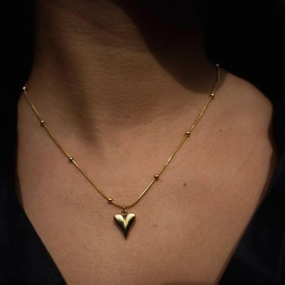 Ball Chain Heart Korean Pendant Necklace – Elegant Golden Heart Pendant for Women
