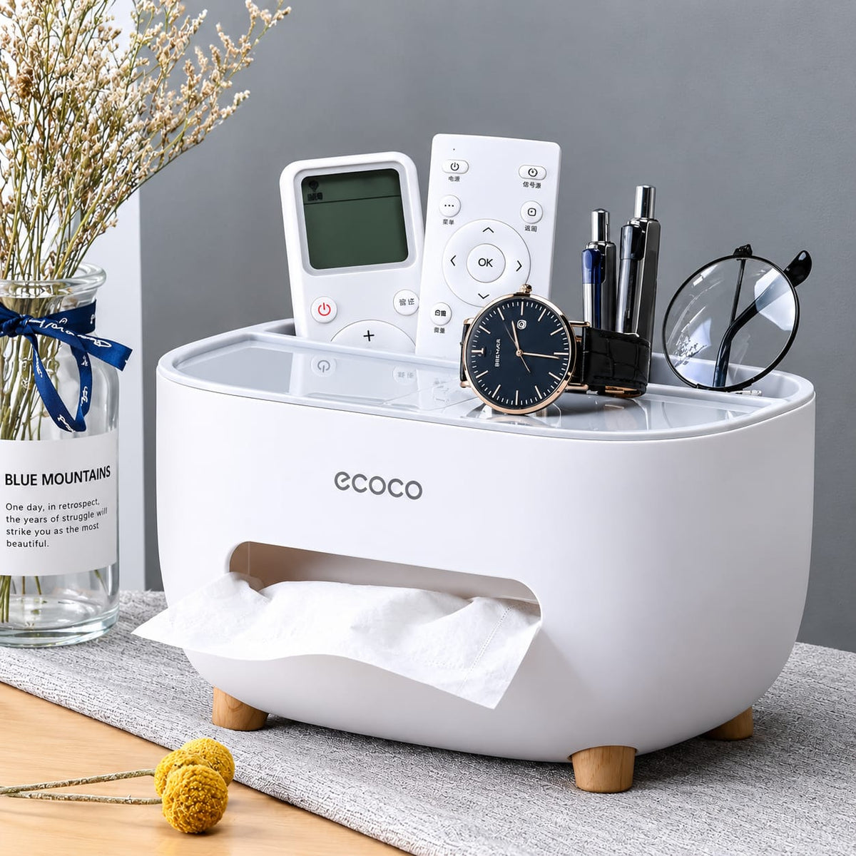 Ecoco Tissue Box with Multifunctional Storage Drawer – Desk & Tissue Organizer