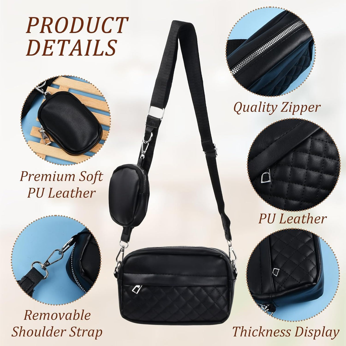 Girls Convertible Crossbody Bag – Stylish Black PU Leather Shoulder Handbag with Change Purse
