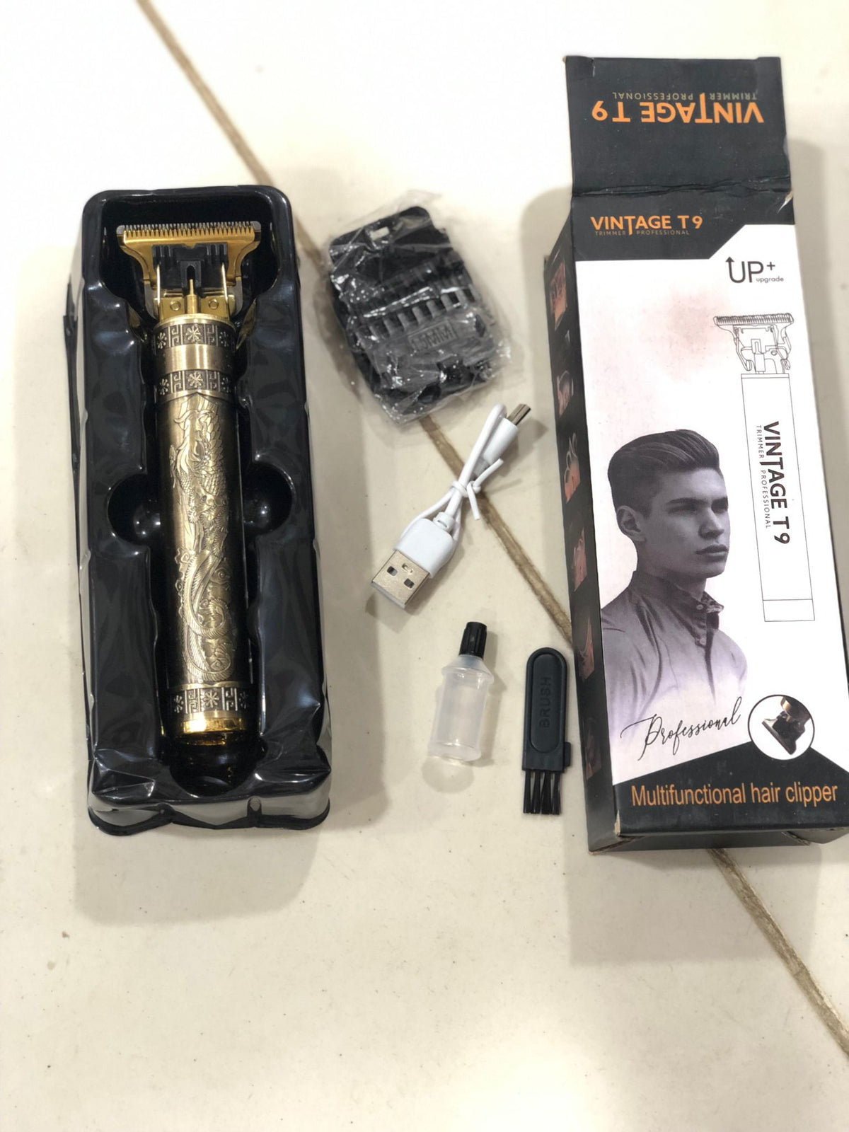 Vintage T9 Metal Body Hair Trimmer – USB Rechargeable Professional Beard & Hair Clipper