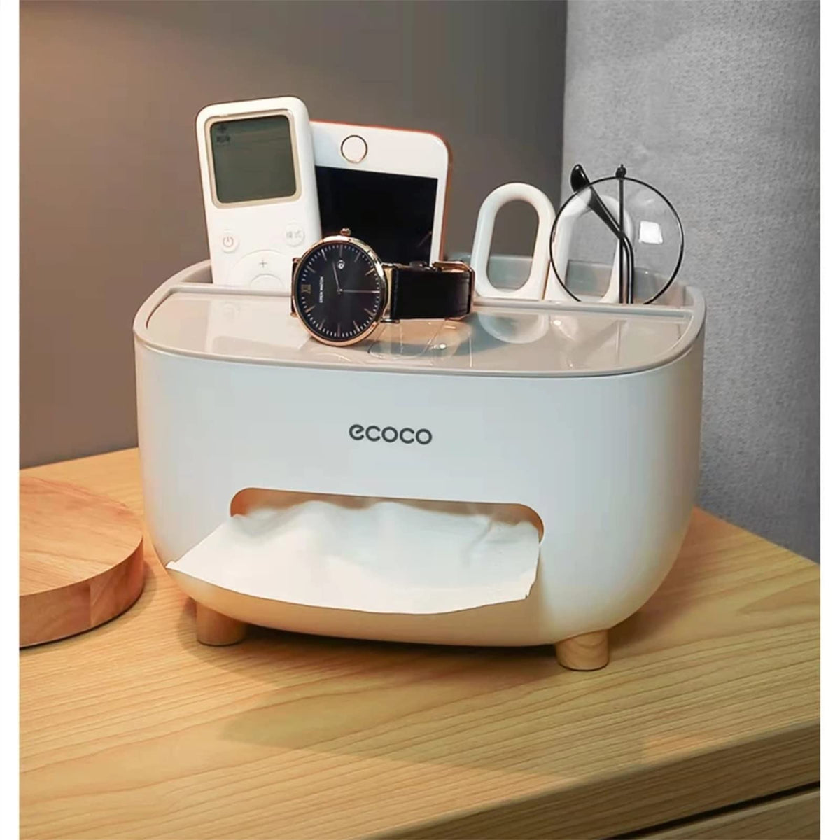 Ecoco Tissue Box with Multifunctional Storage Drawer – Desk & Tissue Organizer