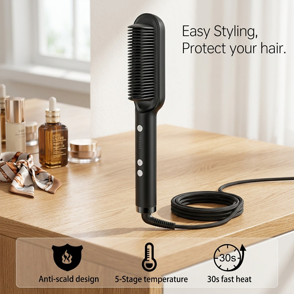 Professional Hair Straightener Brush – Ceramic Anti-Scald Comb with 5 Heat Settings