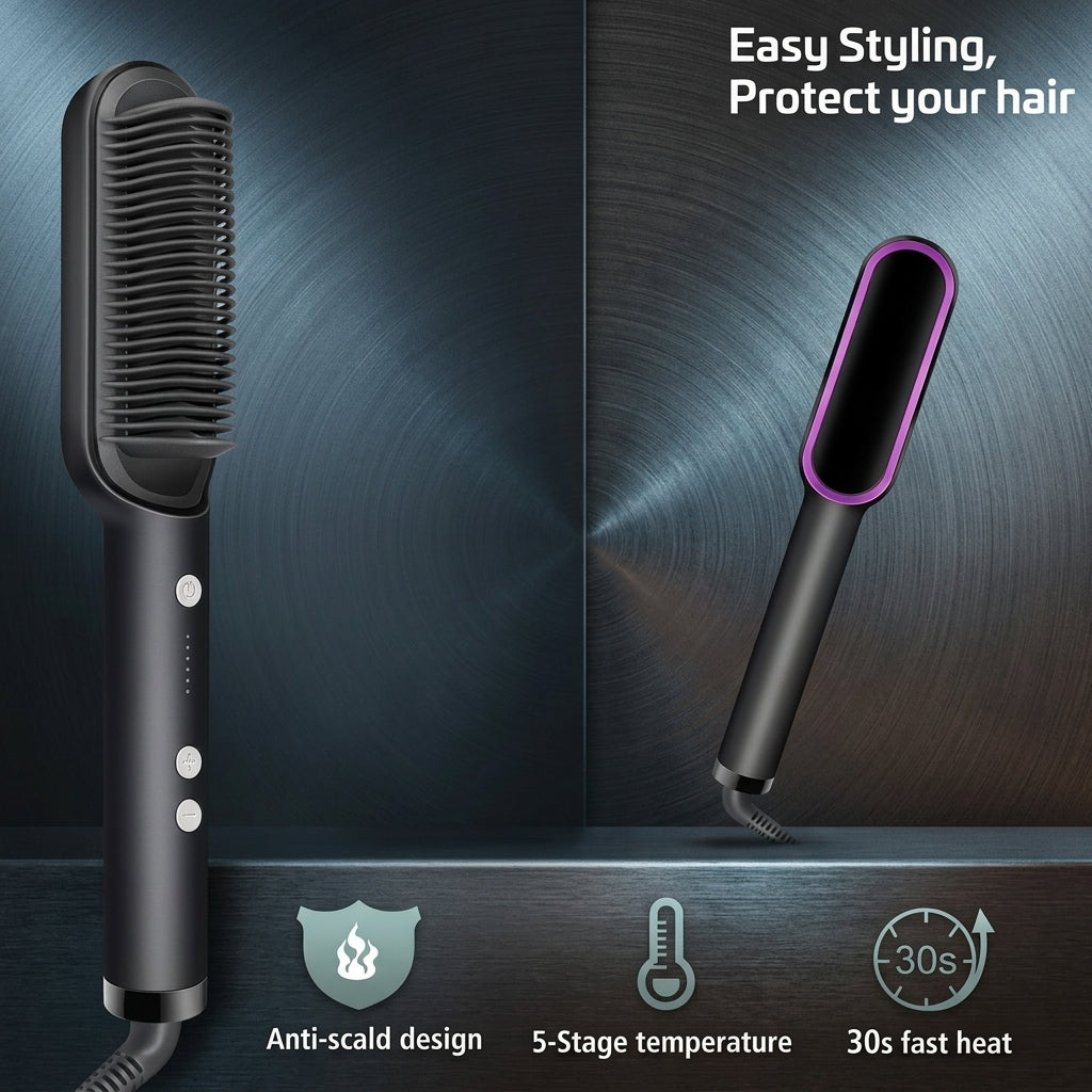 Professional Hair Straightener Brush – Ceramic Anti-Scald Comb with 5 Heat Settings