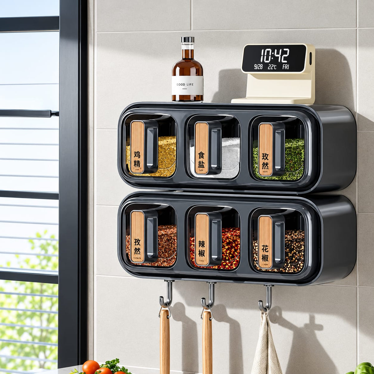 Wall Mounted Spice Rack with 3 Containers – Space-Saving Kitchen Seasoning Organizer