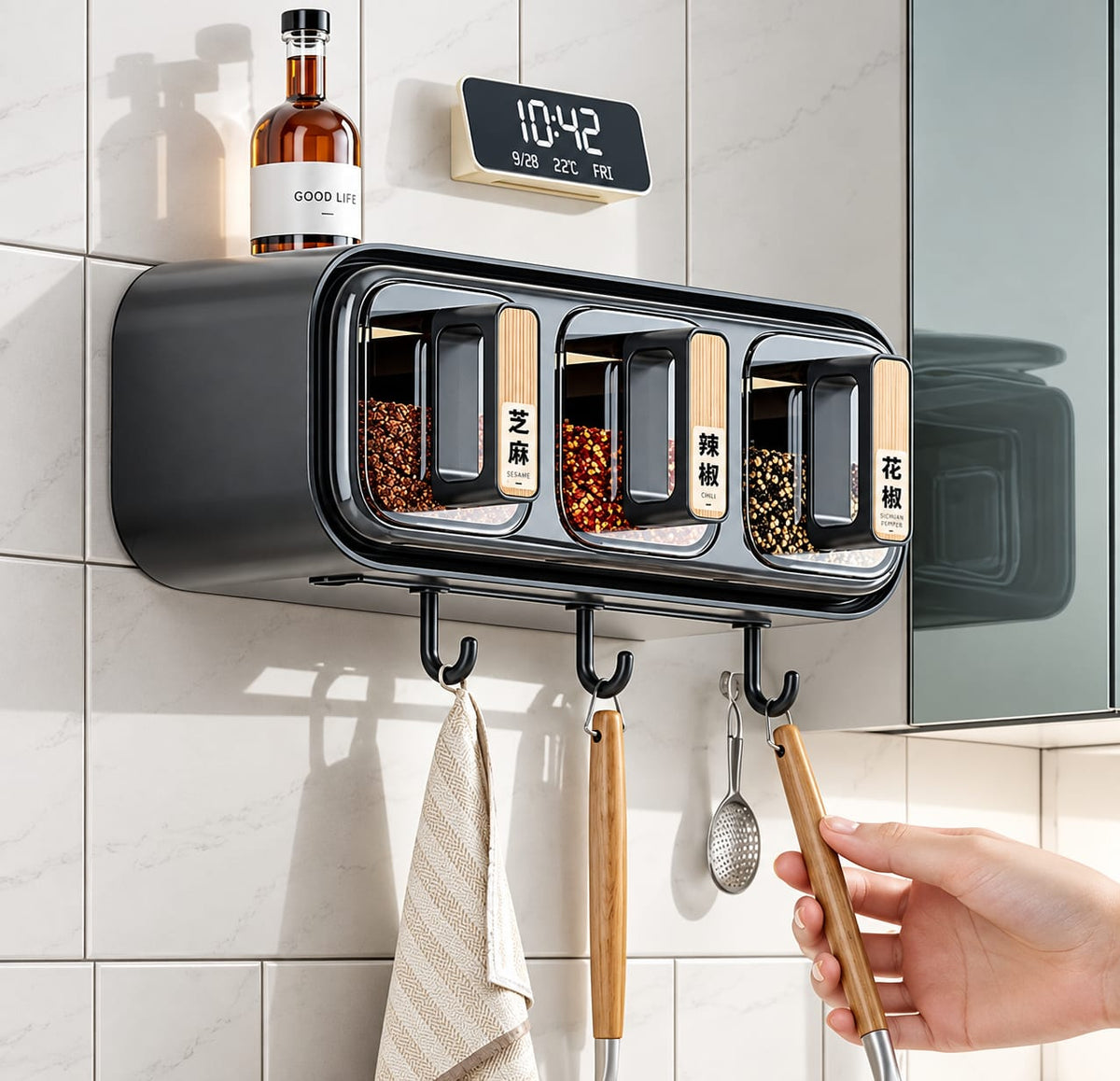 Wall Mounted Spice Rack with 3 Containers – Space-Saving Kitchen Seasoning Organizer